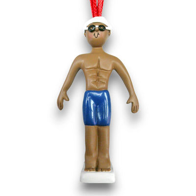 Personalized African American Male Swimmer Ornament with Name and Year – Blue Trunks Resin Christmas Ornament.