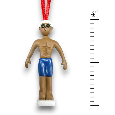 Personalized African American Male Swimmer Ornament with Name and Year – Blue Trunks Resin Christmas Ornament.