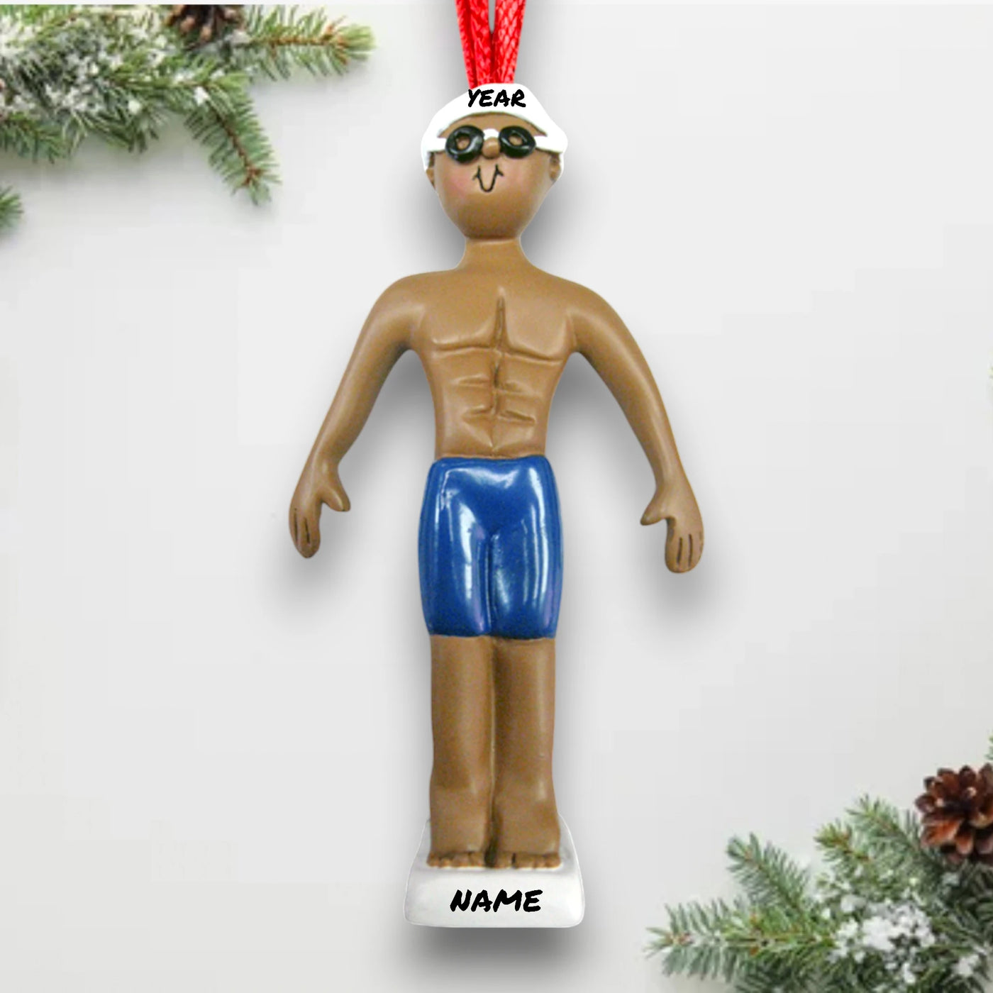 Personalized African American Male Swimmer Ornament with Name and Year – Blue Trunks Resin Christmas Ornament.