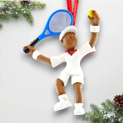 Personalized African American Male Tennis Player Christmas Ornament with Name and Year.