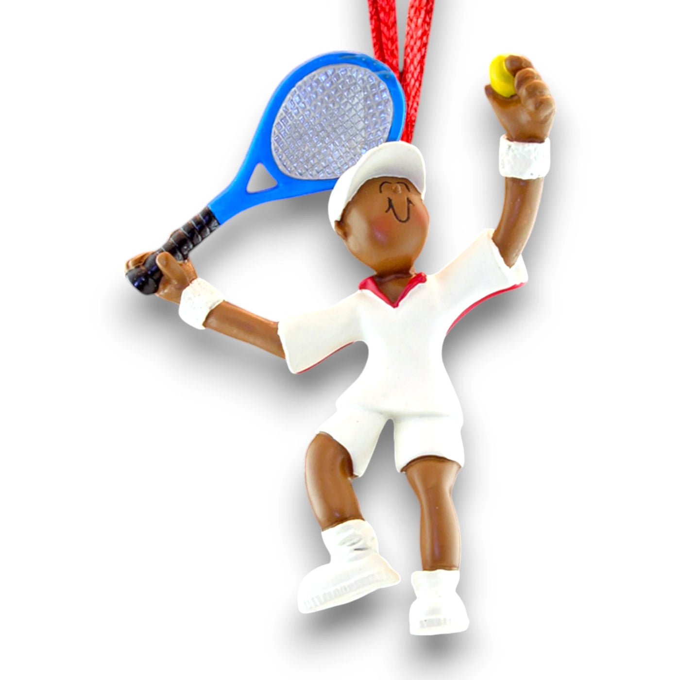 Personalized African American Male Tennis Player Christmas Ornament with Name and Year.