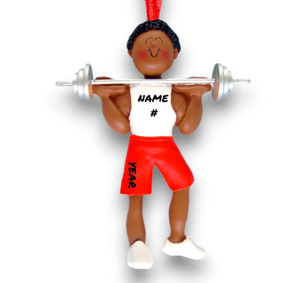 Personalized African American Male Weight Lifter Ornament with Custom Name and Year – Resin Christmas Ornament