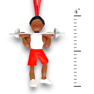 Personalized African American Male Weight Lifter Ornament with Custom Name and Year – Resin Christmas Ornament