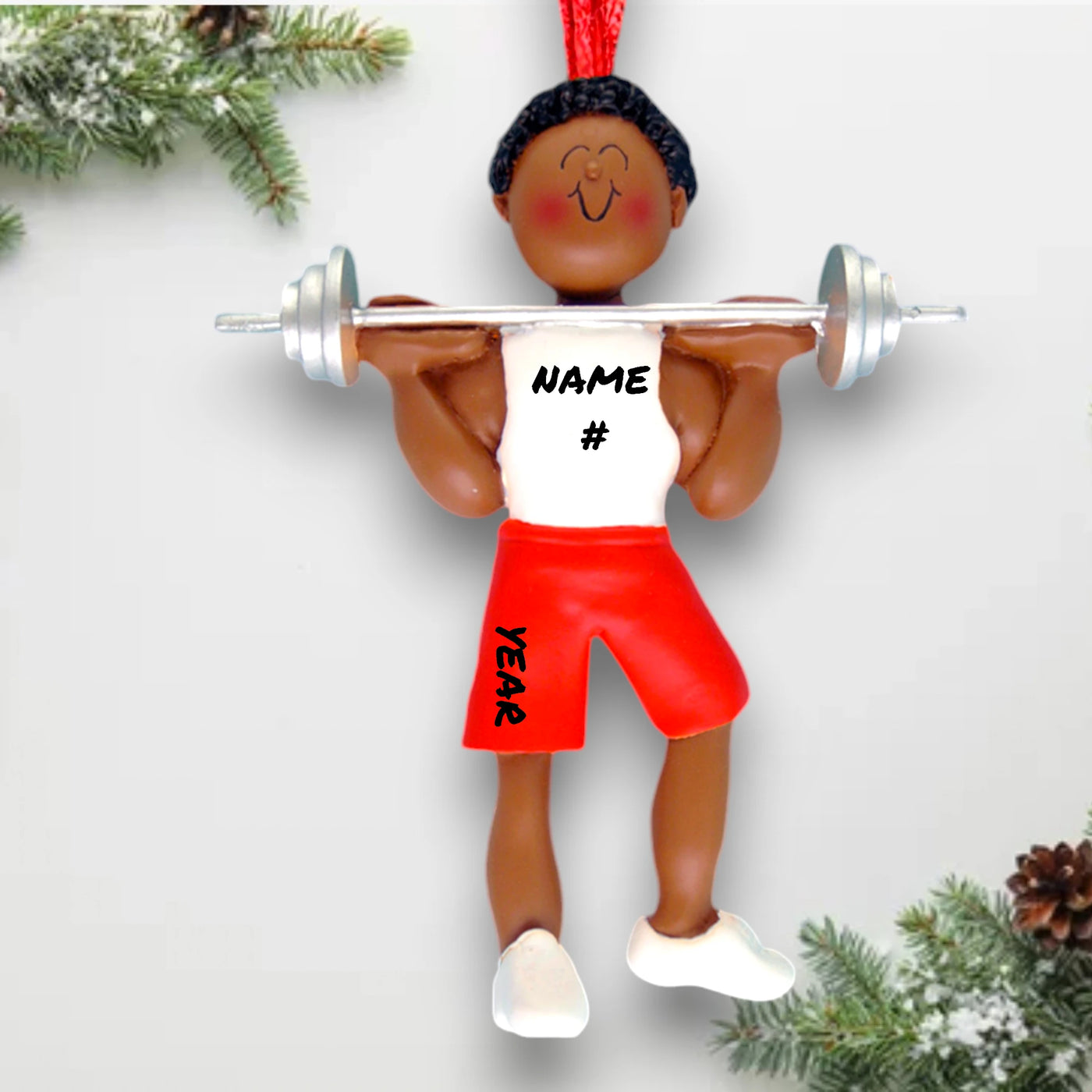 Personalized African American Male Weight Lifter Ornament with Custom Name and Year – Resin Christmas Ornament