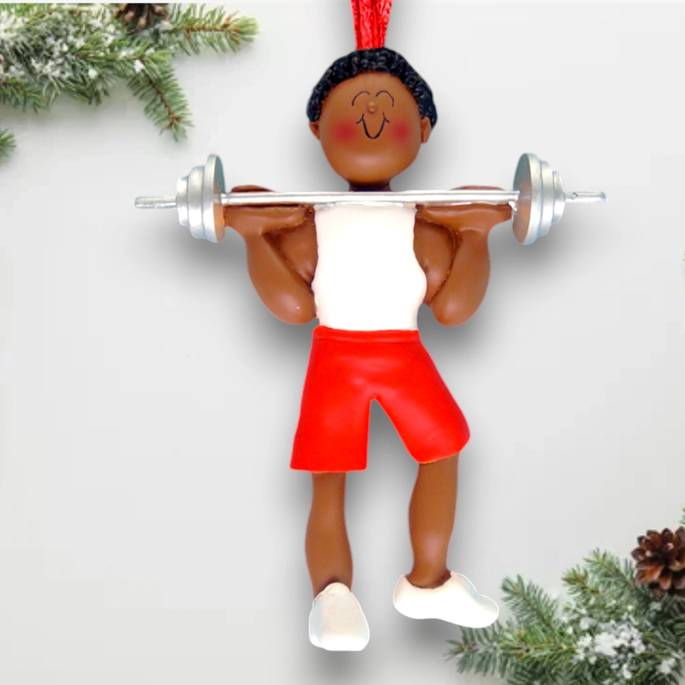 Personalized African American Male Weight Lifter Ornament with Custom Name and Year – Resin Christmas Ornament