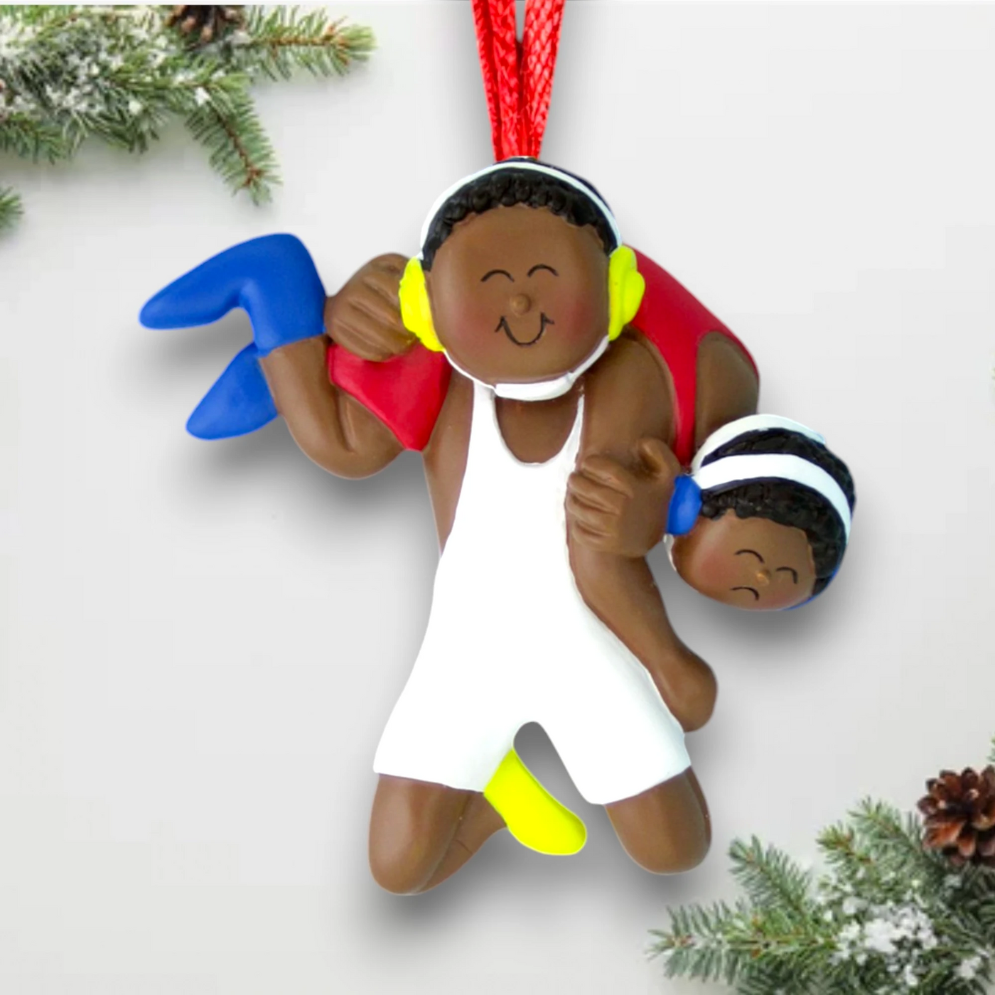 Personalized African American Male Wrestling Ornament with Custom Name, Team, and Year in White Wrestling Outfit – Resin Ornament