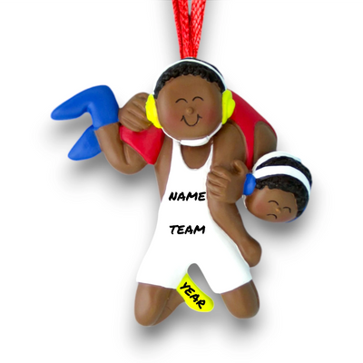 Personalized African American Male Wrestling Ornament with Custom Name, Team, and Year in White Wrestling Outfit – Resin Ornament