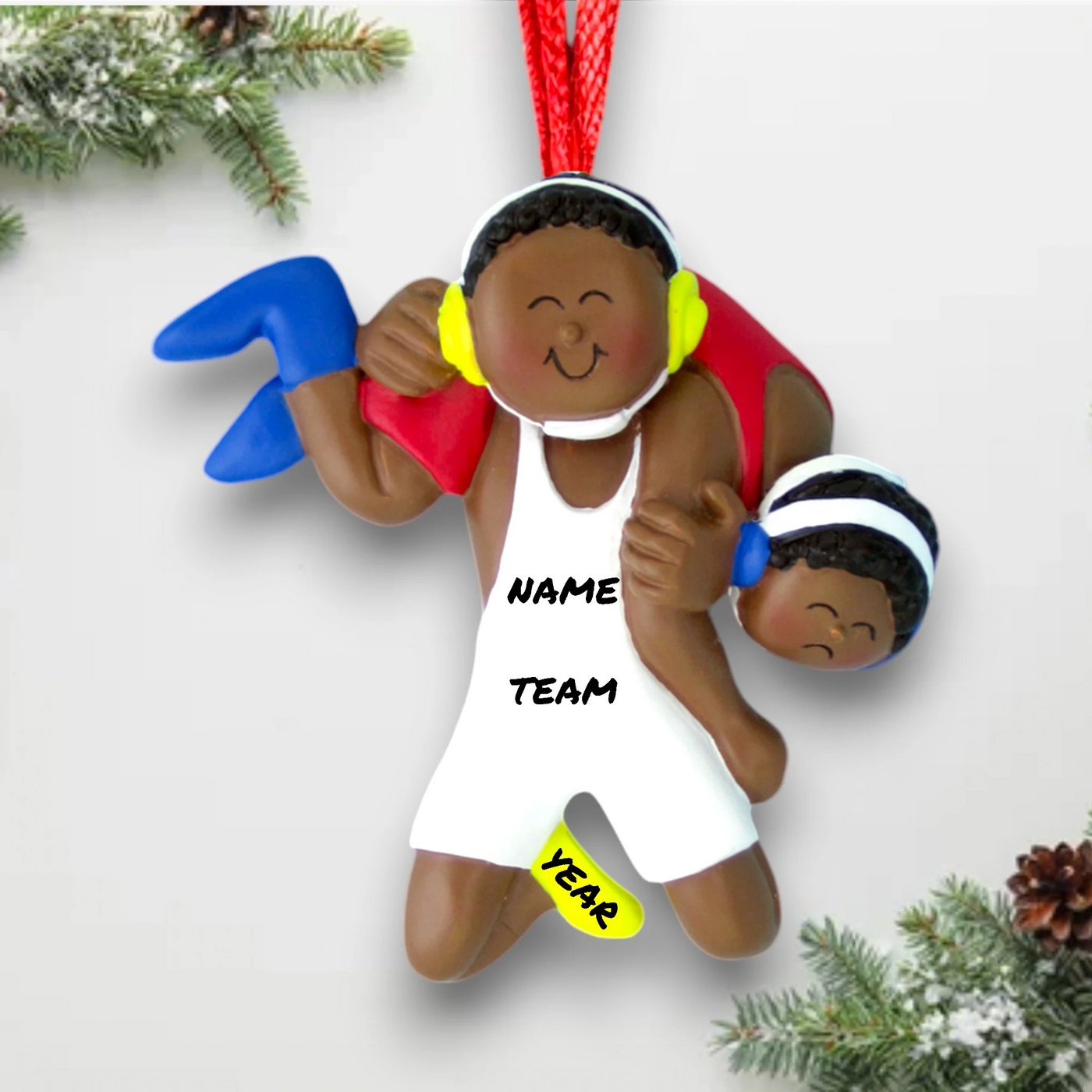 Personalized African American Male Wrestling Ornament with Custom Name, Team, and Year in White Wrestling Outfit – Resin Ornament