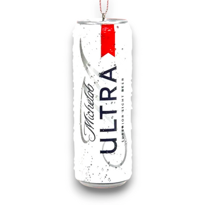 Personalized Anheuser Busch Ultra Can Christmas Ornament featuring a realistic Michelob Ultra beer can with frosty condensation accents, customizable with name and year.
