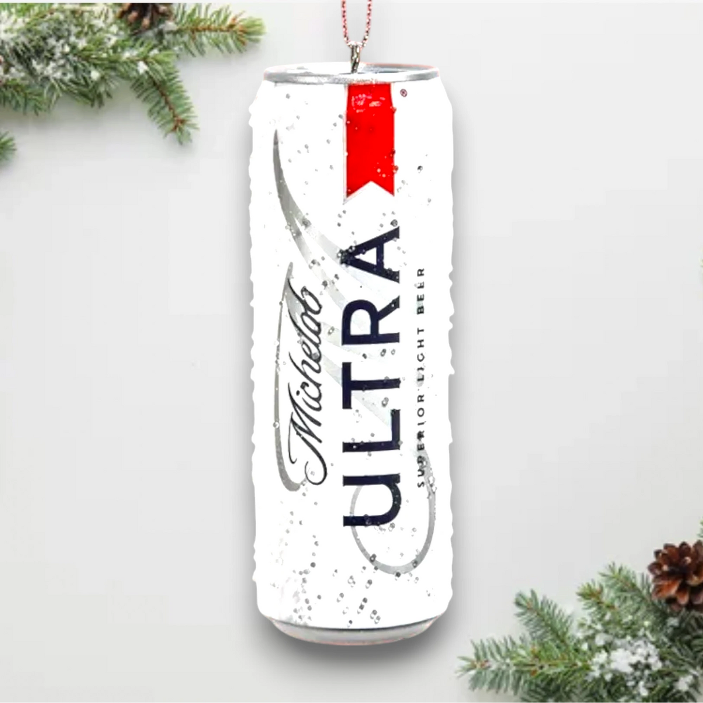 Personalized Anheuser Busch Ultra Can Christmas Ornament featuring a realistic Michelob Ultra beer can with frosty condensation accents, customizable with name and year.
