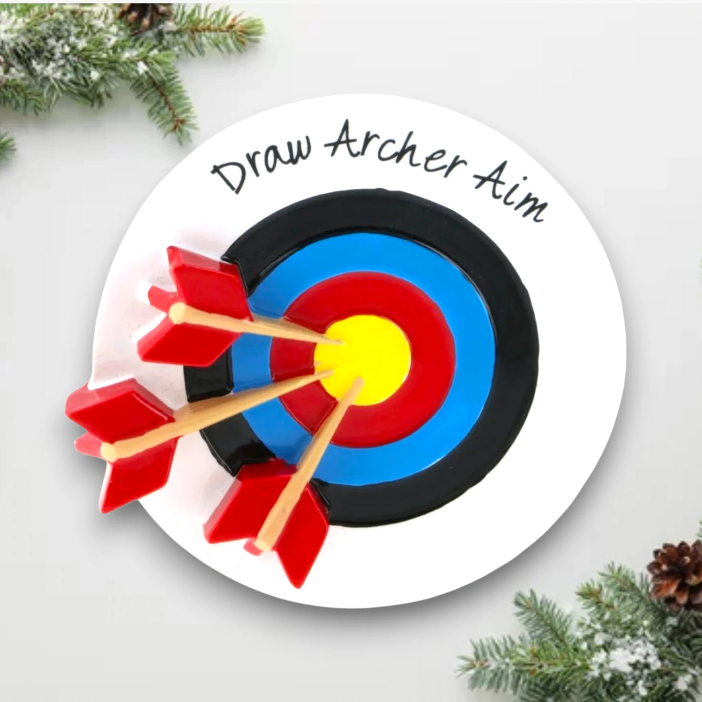 Personalized Archery Christmas Ornament with customizable name and year, featuring a target with arrows hitting the bullseye.