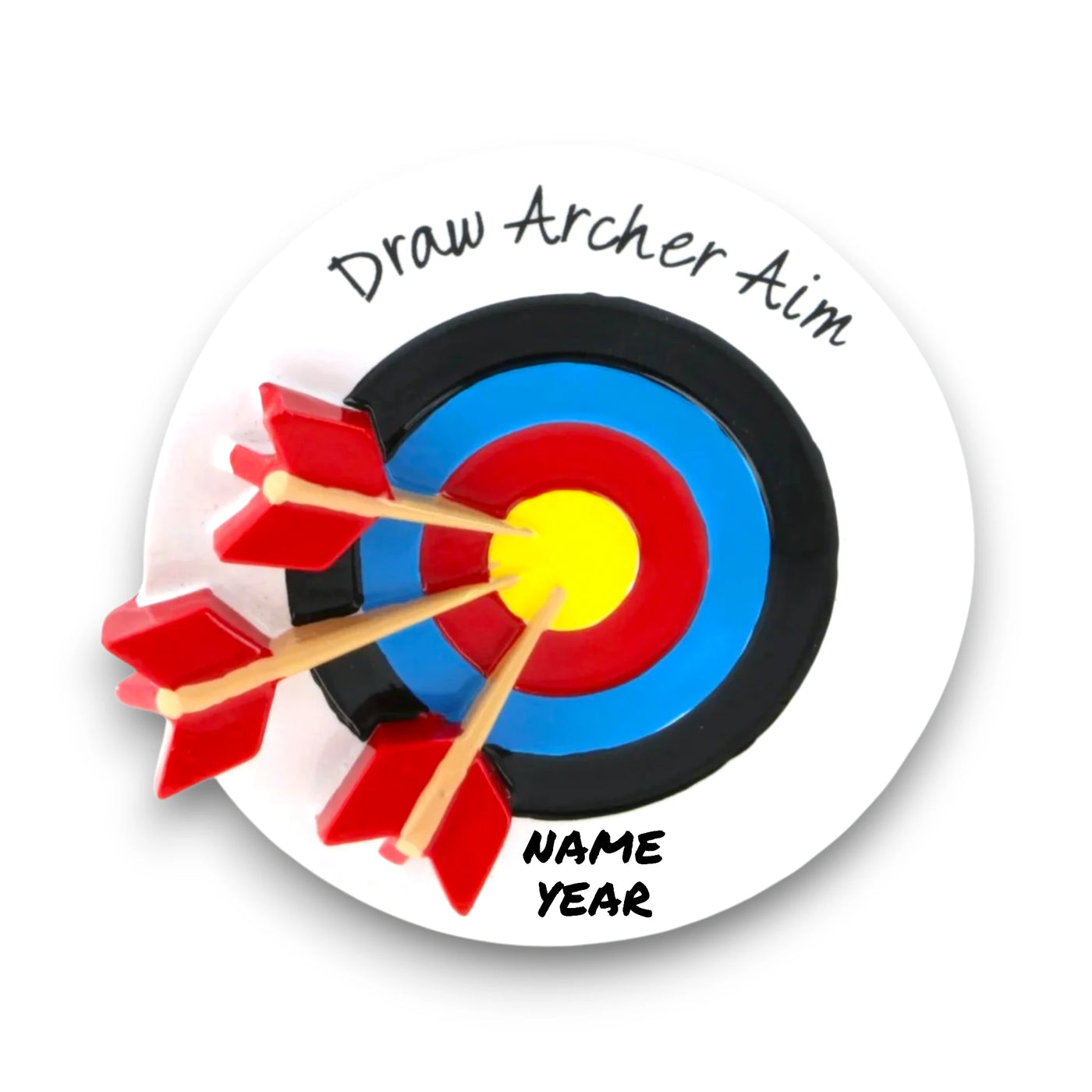 Personalized Archery Christmas Ornament with customizable name and year, featuring a target with arrows hitting the bullseye.