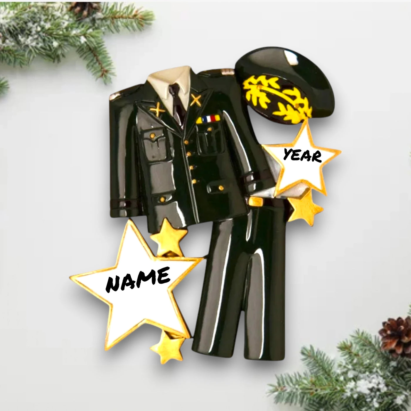 Personalized Armed Forces Uniform Dark Green Christmas Ornament with customizable name and rank, featuring a detailed dark green uniform and stars.
