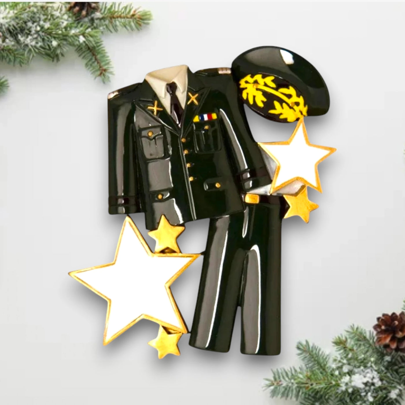 Personalized Armed Forces Uniform Dark Green Christmas Ornament with customizable name and rank, featuring a detailed dark green uniform and stars.
