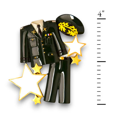 Personalized Armed Forces Uniform Dark Green Christmas Ornament with customizable name and rank, featuring a detailed dark green uniform and stars.
