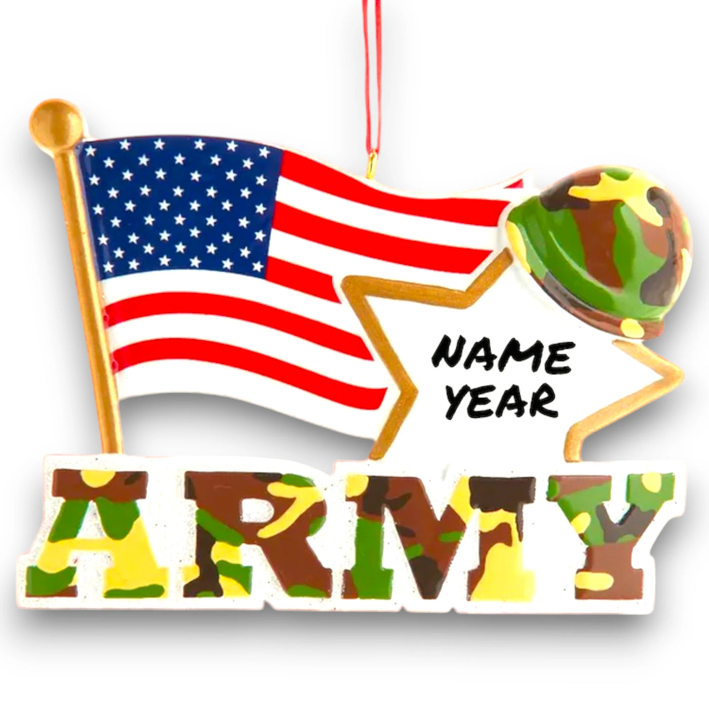 Personalized Army With American Flag And Star Christmas Ornament featuring camo lettering, an American flag, gold star, and military helmet.
