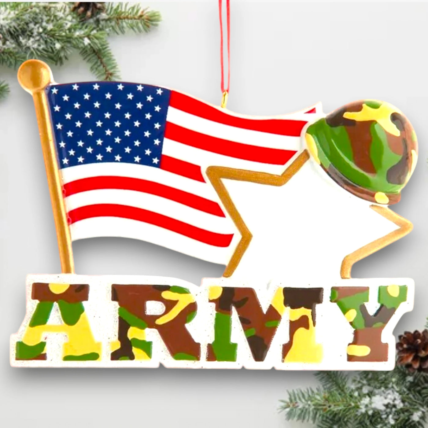 Personalized Army With American Flag And Star Christmas Ornament featuring camo lettering, an American flag, gold star, and military helmet.
