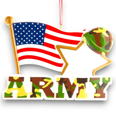 Personalized Army With American Flag And Star Christmas Ornament featuring camo lettering, an American flag, gold star, and military helmet.
