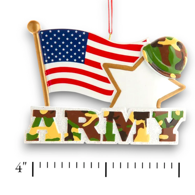 Personalized Army With American Flag And Star Christmas Ornament featuring camo lettering, an American flag, gold star, and military helmet.
