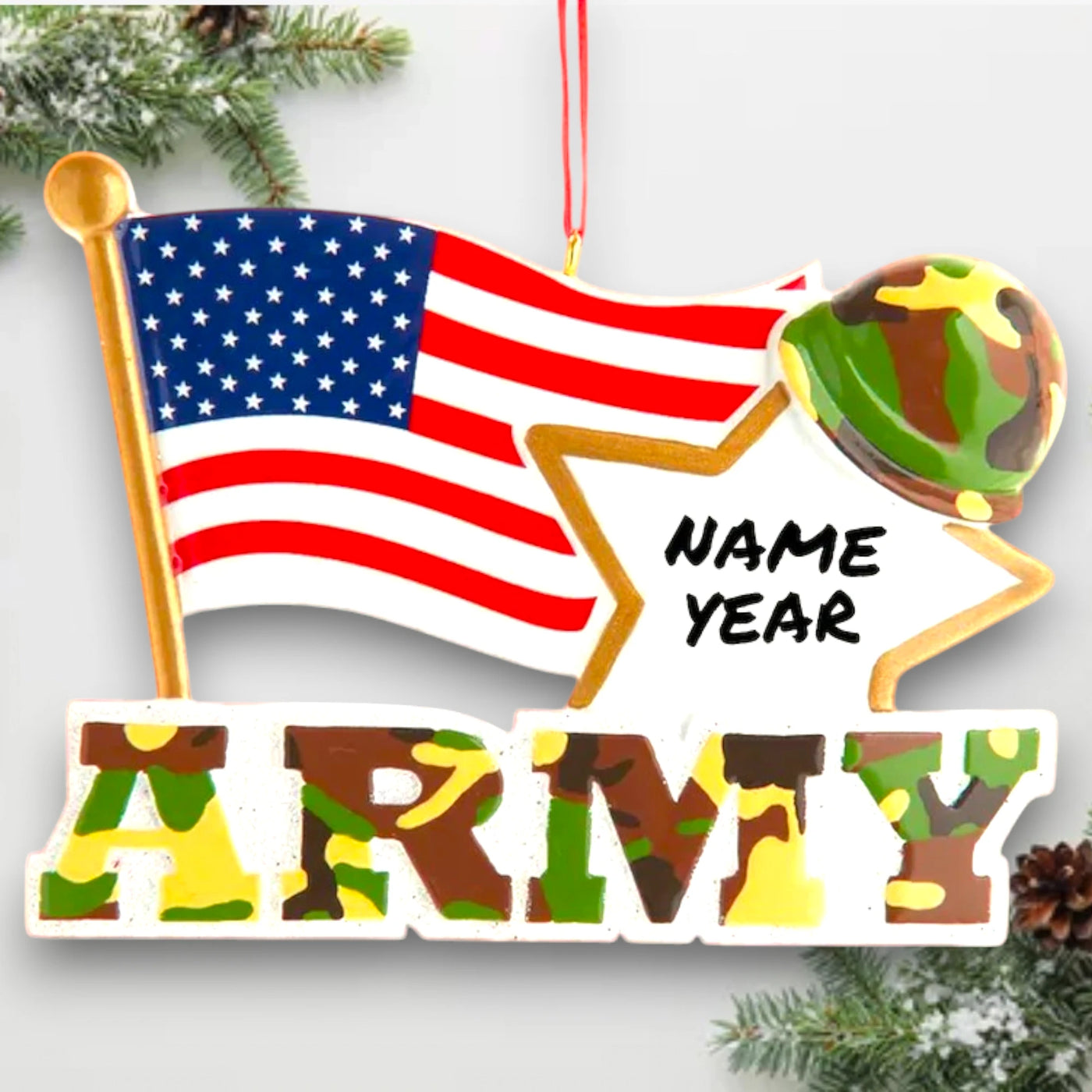 Personalized Army With American Flag And Star Christmas Ornament featuring camo lettering, an American flag, gold star, and military helmet.
