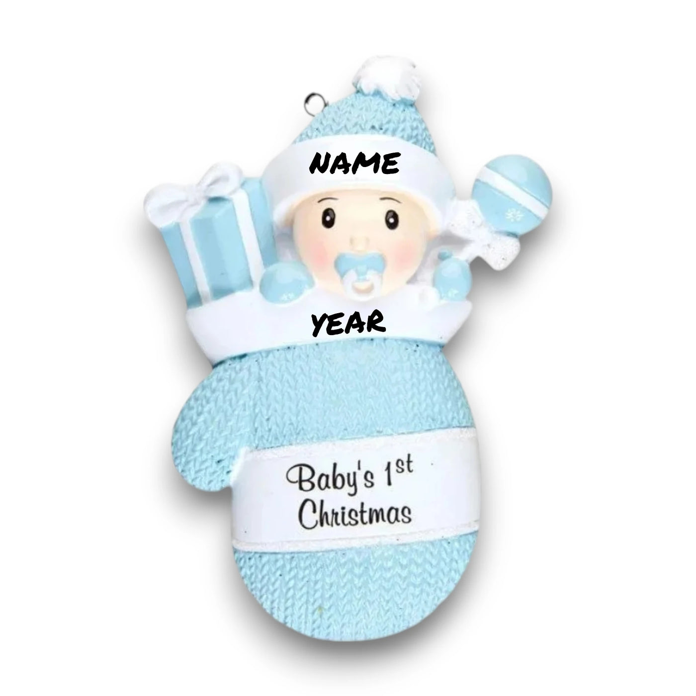 Personalized Baby Boy In Mitten Ornament with blue knit pattern, baby boy in winter hat and pacifier, customizable with name and year.