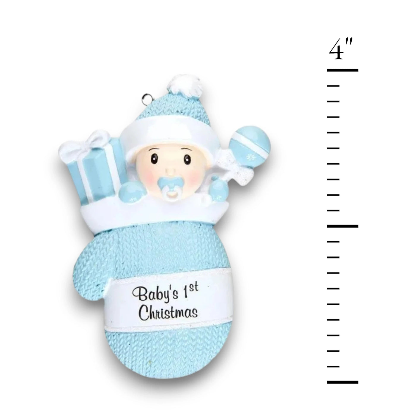 Personalized Baby Boy In Mitten Ornament with blue knit pattern, baby boy in winter hat and pacifier, customizable with name and year.