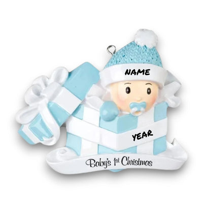 Personalized Baby Boy Christmas Ornament with baby in a blue present box, customizable with name and year.