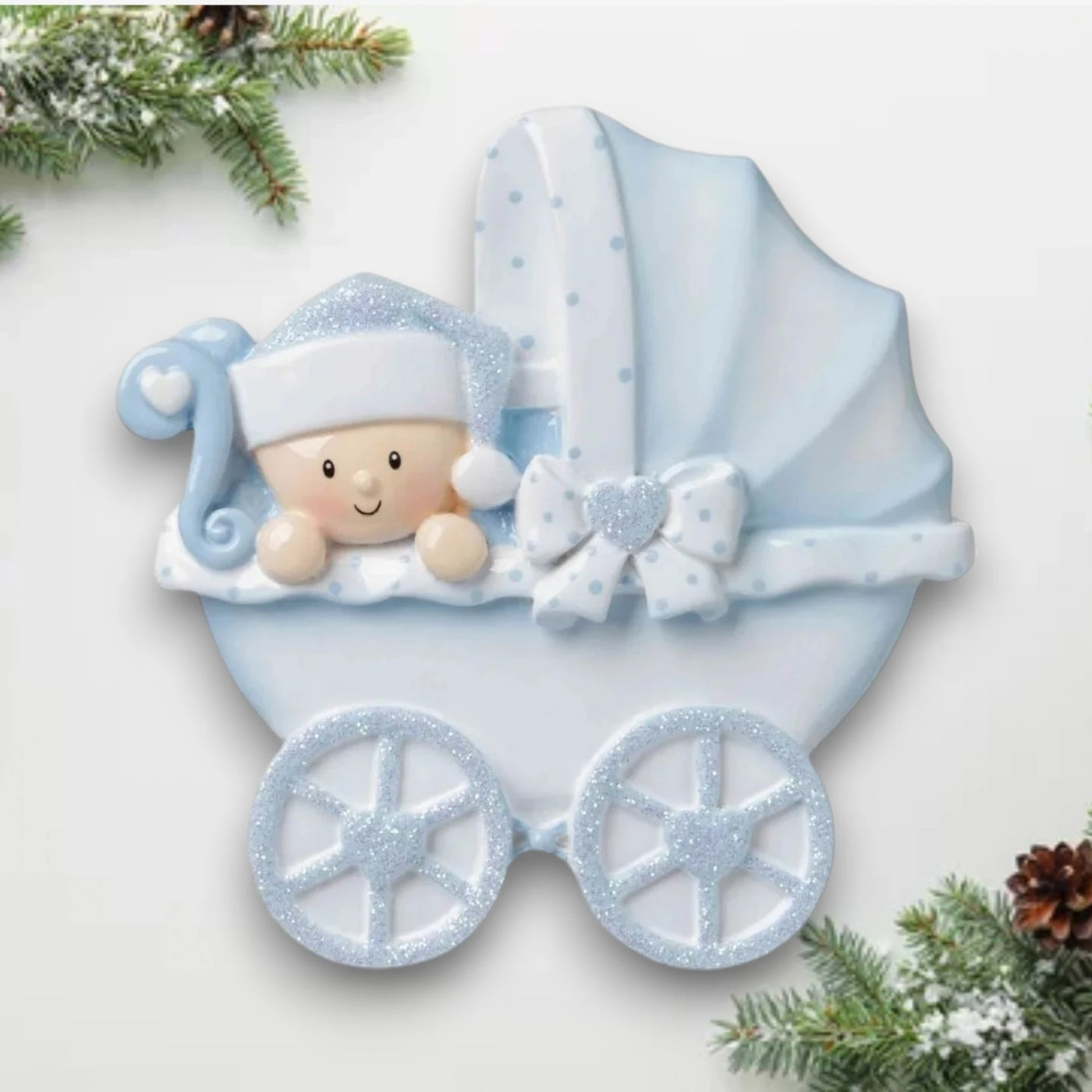 Personalized Baby Carriage Blue Christmas Ornament with customizable name and year, featuring a baby in a blue carriage with glitter accents.