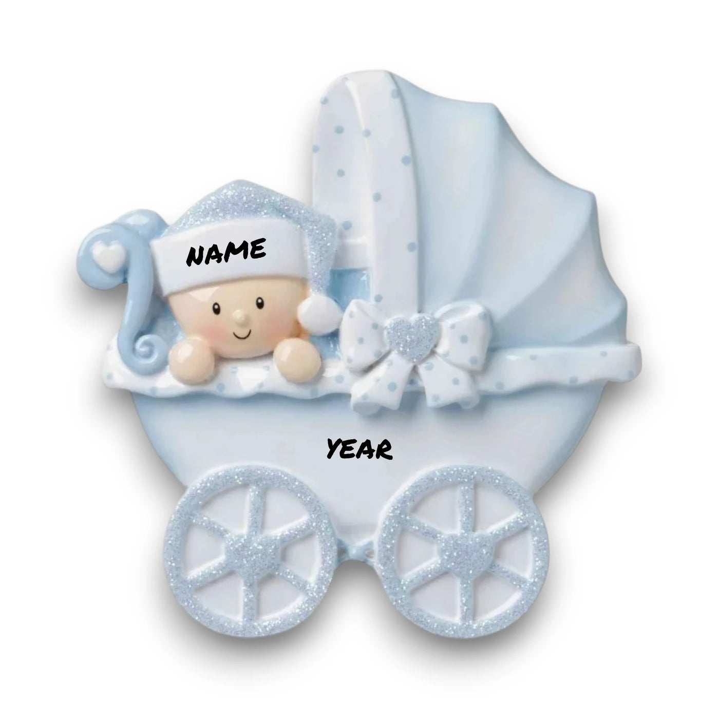 Personalized Baby Carriage Blue Christmas Ornament with customizable name and year, featuring a baby in a blue carriage with glitter accents.