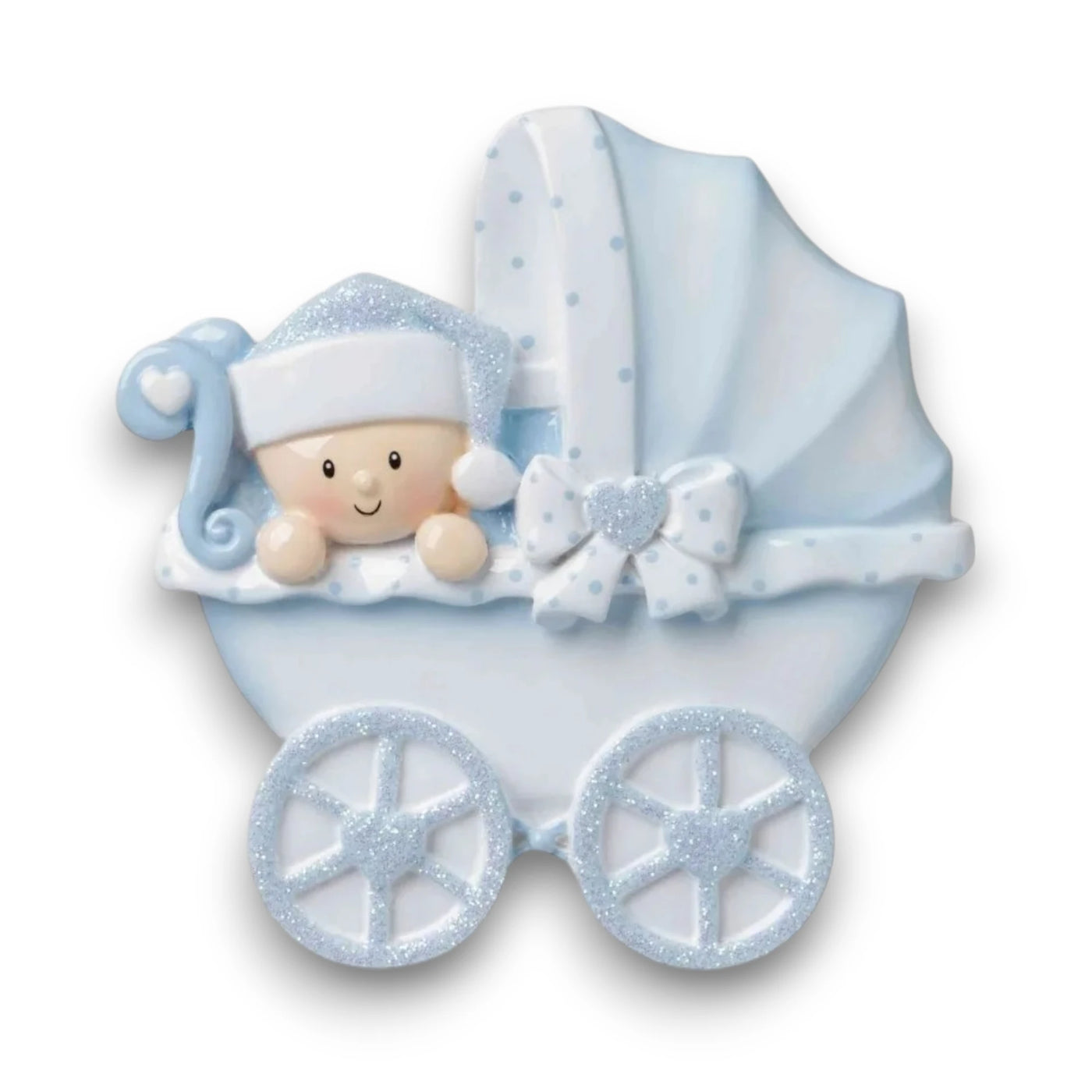 Personalized Baby Carriage Blue Christmas Ornament with customizable name and year, featuring a baby in a blue carriage with glitter accents.