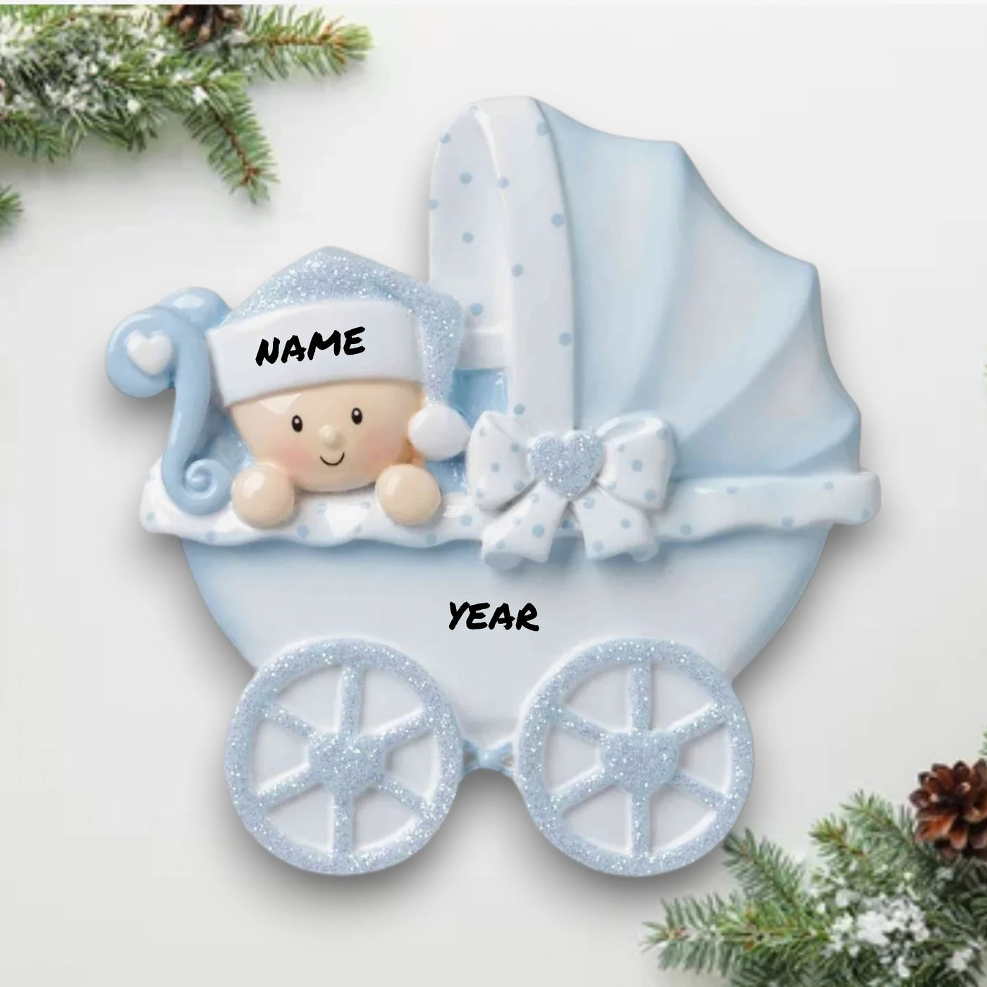 Personalized Baby Carriage Blue Christmas Ornament with customizable name and year, featuring a baby in a blue carriage with glitter accents.