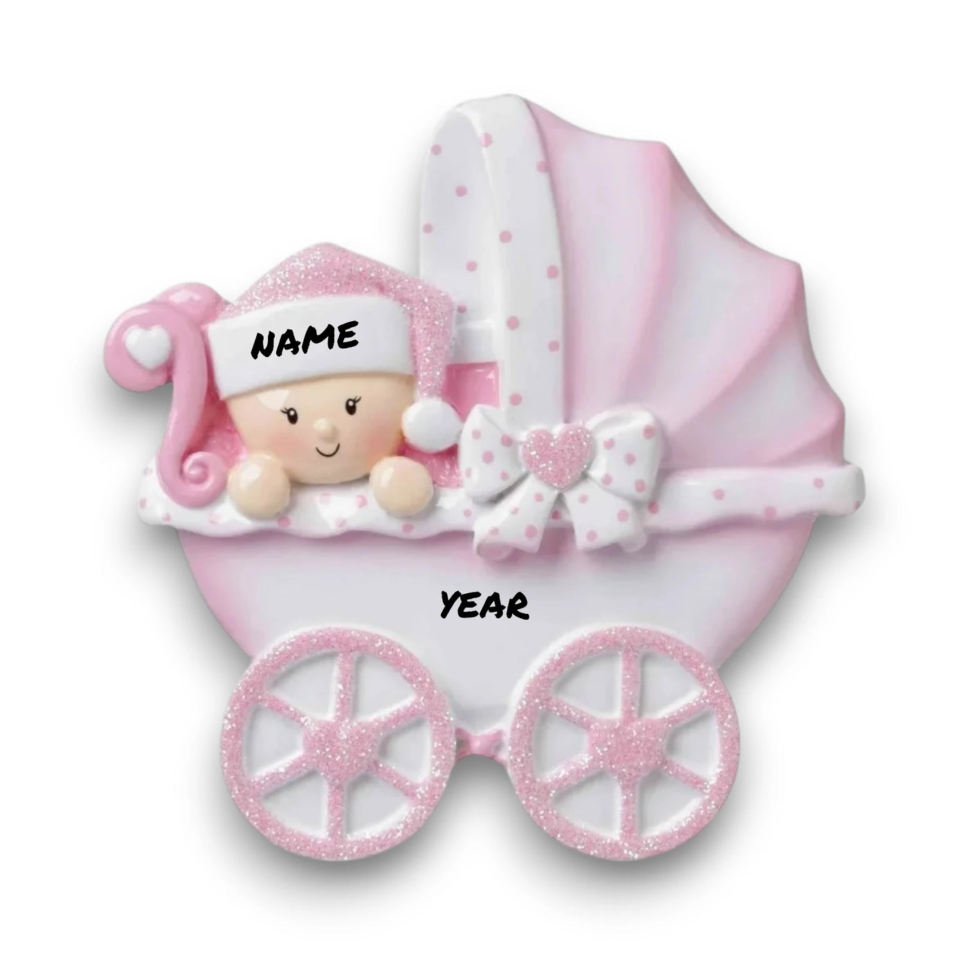 Personalized Baby Carriage Pink Christmas Ornament with customizable name and year, featuring a baby in a pink carriage with glitter accents.