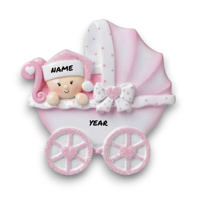 Personalized Baby Carriage Pink Christmas Ornament with customizable name and year, featuring a baby in a pink carriage with glitter accents.