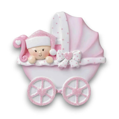 Personalized Baby Carriage Pink Christmas Ornament with customizable name and year, featuring a baby in a pink carriage with glitter accents.