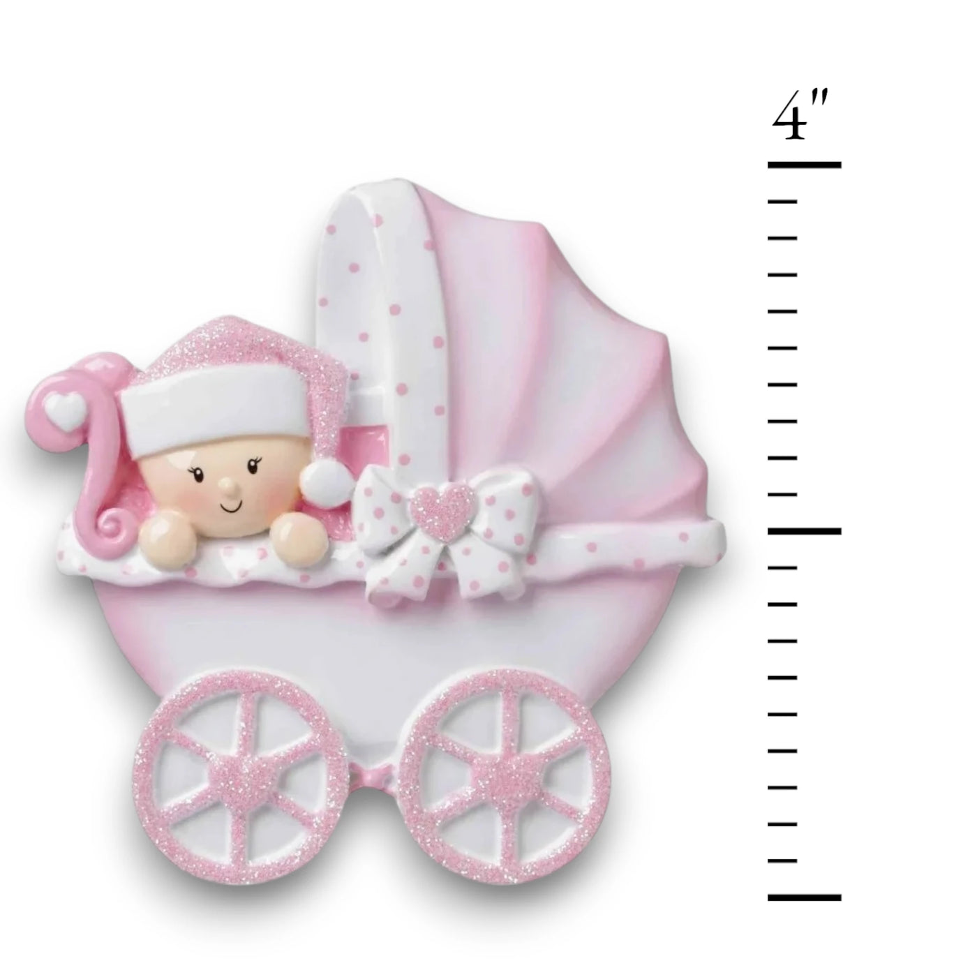 Personalized Baby Carriage Pink Christmas Ornament with customizable name and year, featuring a baby in a pink carriage with glitter accents.