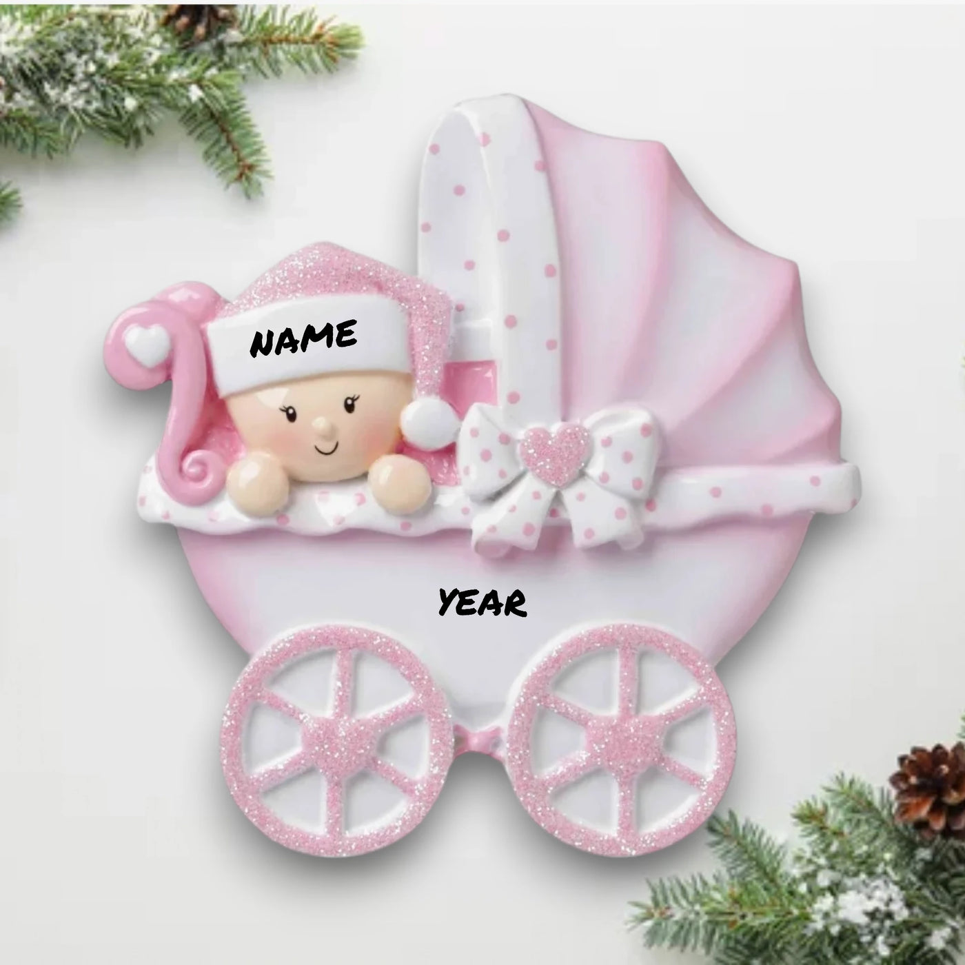 Personalized Baby Carriage Pink Christmas Ornament with customizable name and year, featuring a baby in a pink carriage with glitter accents.