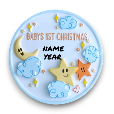  Personalized Baby’s 1st Christmas ornament featuring stars, clouds, and a crescent moon, customizable with name and year.