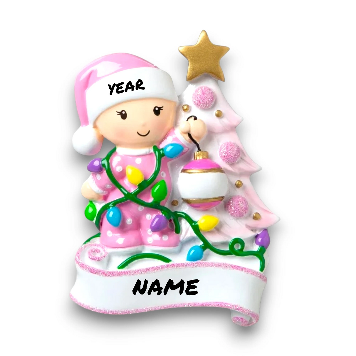 Personalized Baby Decorating A Tree Pink Christmas Ornament with customizable name and year, featuring a baby girl with holiday lights and a decorated Christmas tree.