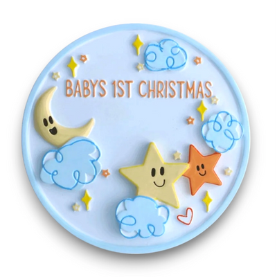  Personalized Baby’s 1st Christmas ornament featuring stars, clouds, and a crescent moon, customizable with name and year.