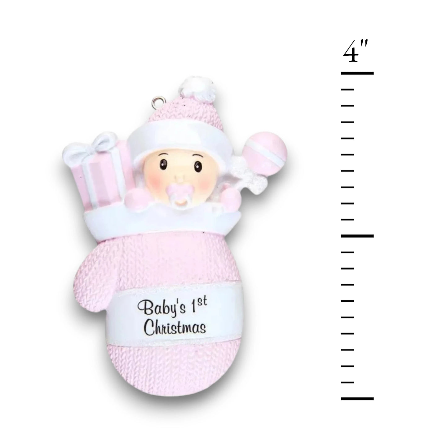 Personalized Baby Girl In Mitten Ornament with pink knit pattern, baby girl in winter hat and pacifier, customizable with name and year.