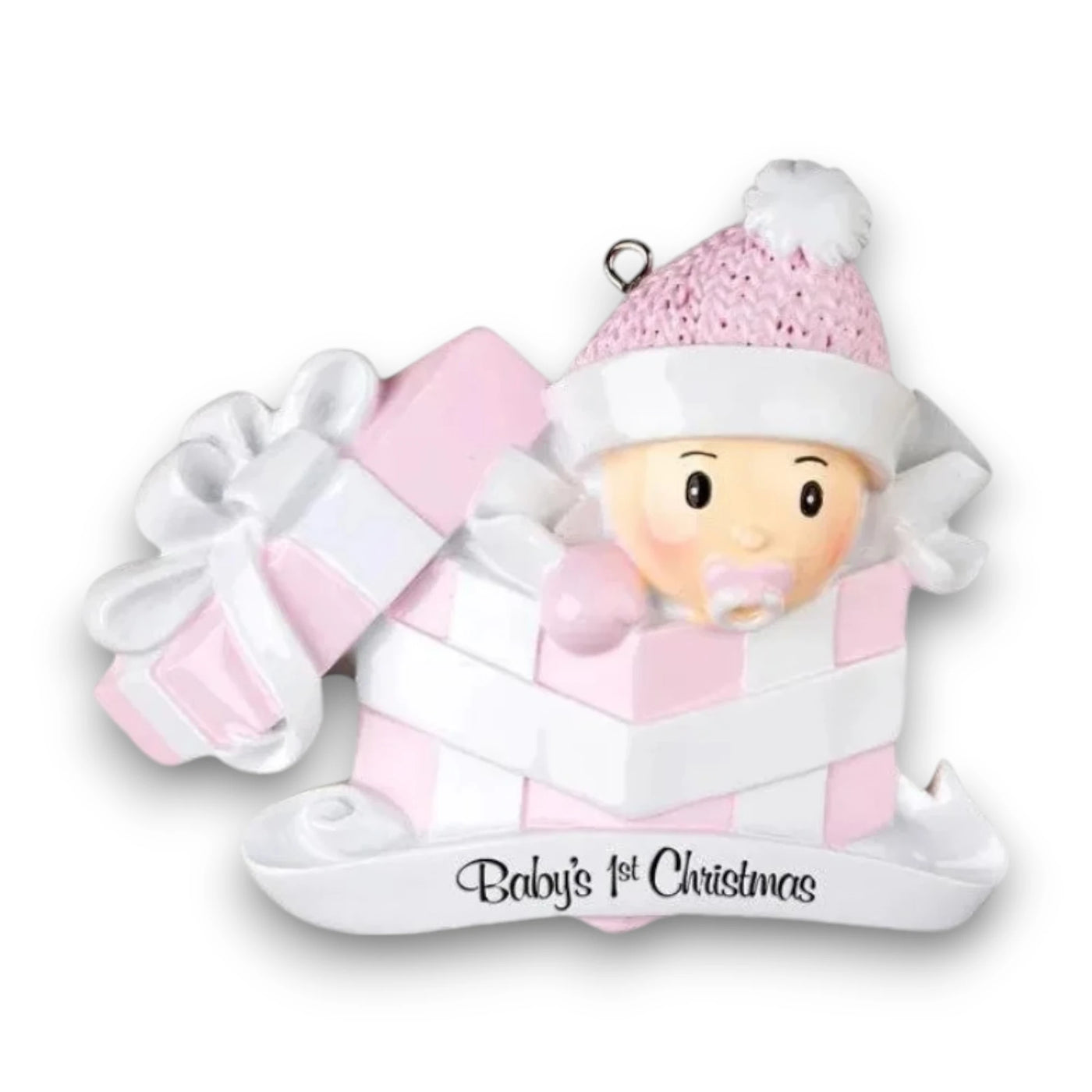 Personalized Baby Girl In Present Ornament with pink knit hat, peeking from a pink and white gift box, customizable with name and year.