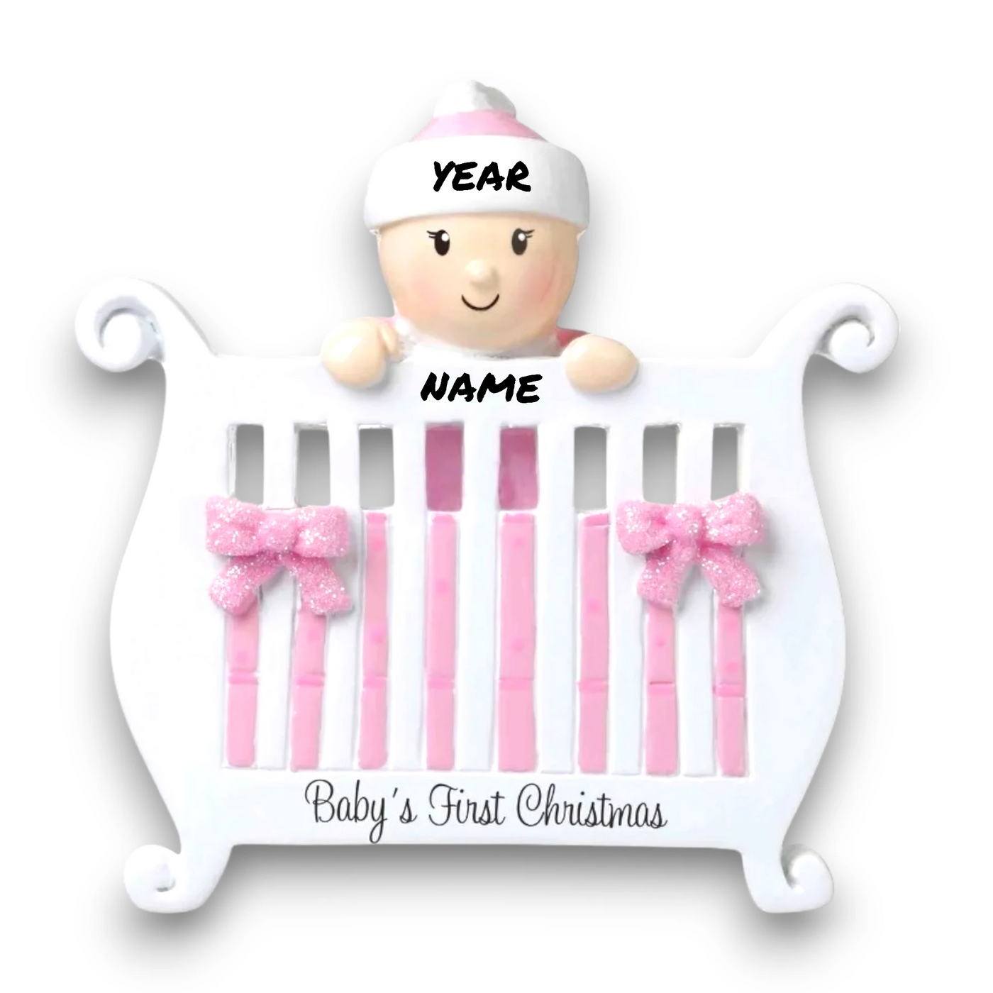 Personalized Baby Girl in Crib Christmas Ornament with customizable name and year, featuring a baby girl peeking over a crib with pink bows and glitter accents.