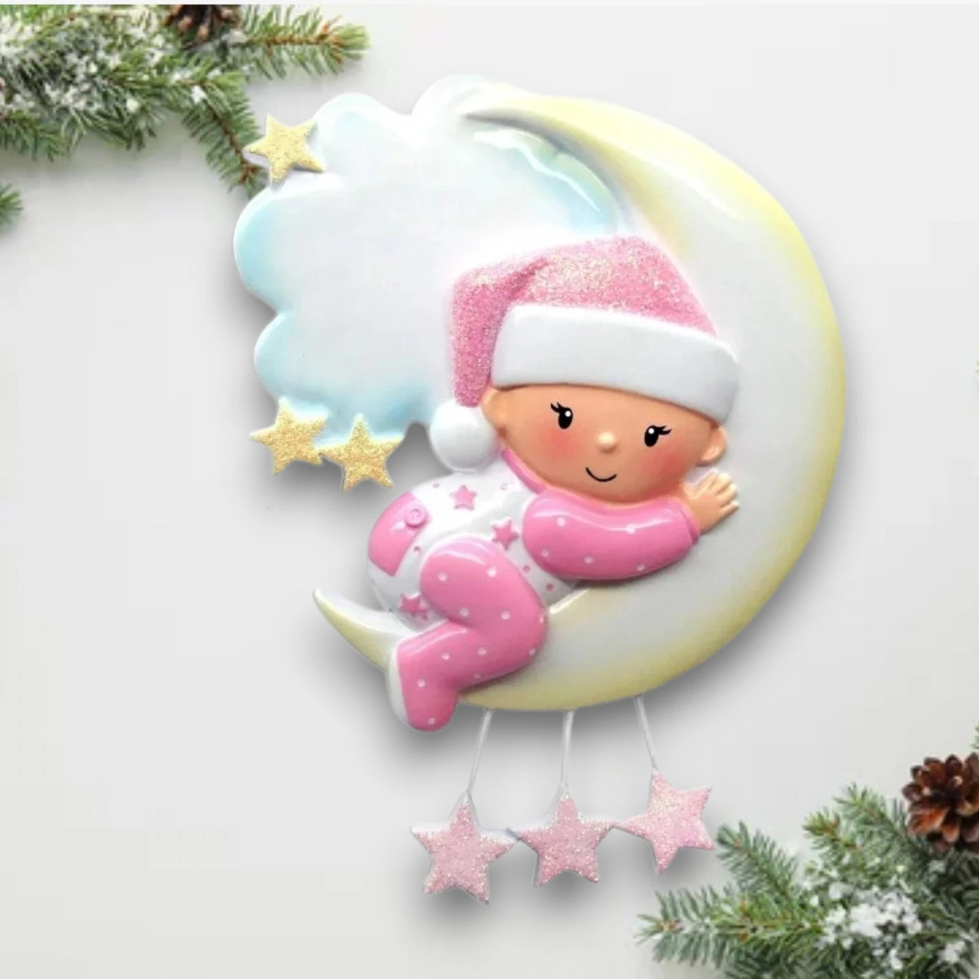 Personalized Baby On Moon Girl Christmas Ornament with customizable name and year, featuring a baby in pink on a crescent moon with star accents.