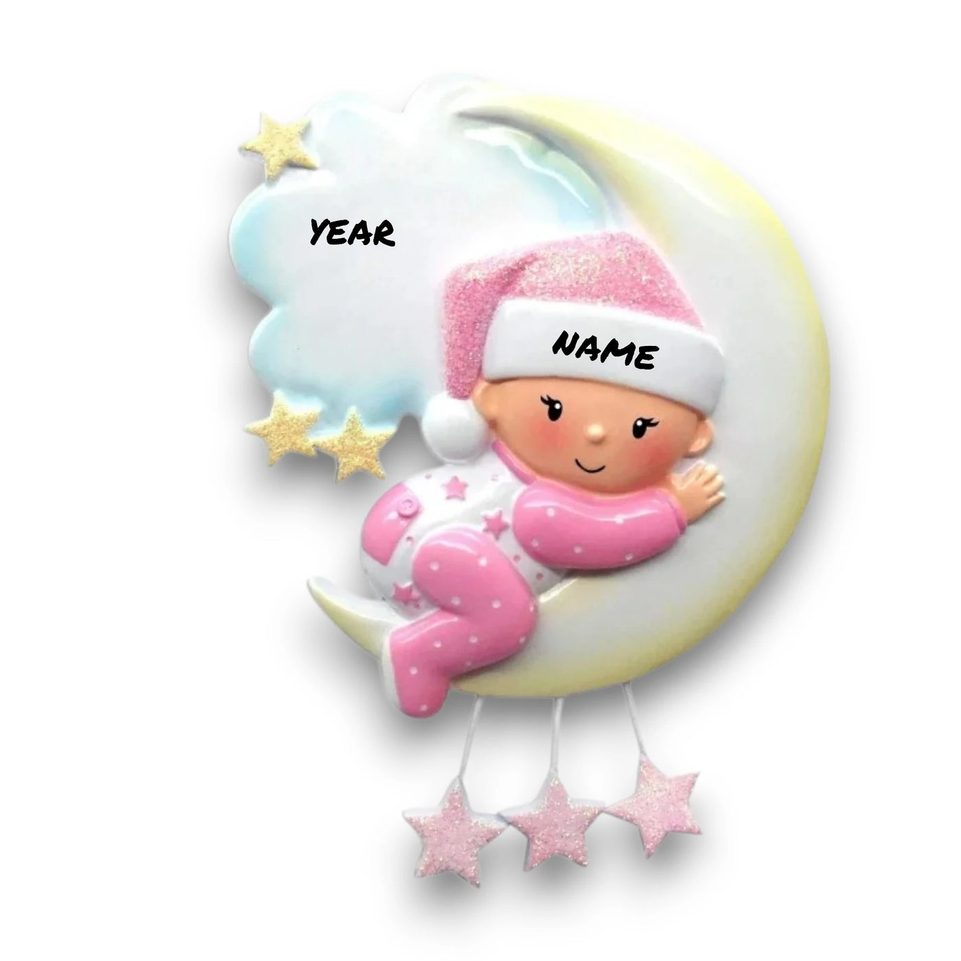 Personalized Baby On Moon Girl Christmas Ornament with customizable name and year, featuring a baby in pink on a crescent moon with star accents.