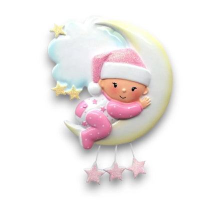 Personalized Baby On Moon Girl Christmas Ornament with customizable name and year, featuring a baby in pink on a crescent moon with star accents.