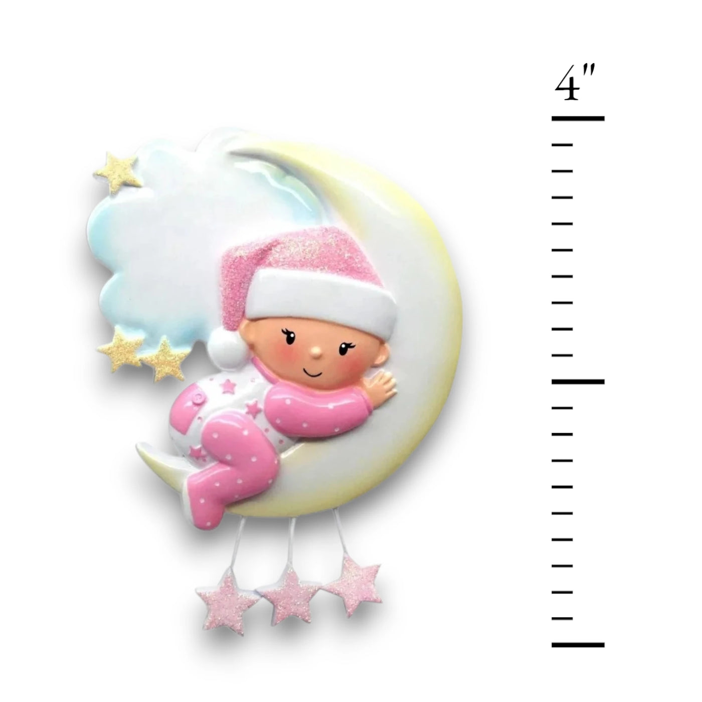 Personalized Baby On Moon Girl Christmas Ornament with customizable name and year, featuring a baby in pink on a crescent moon with star accents.