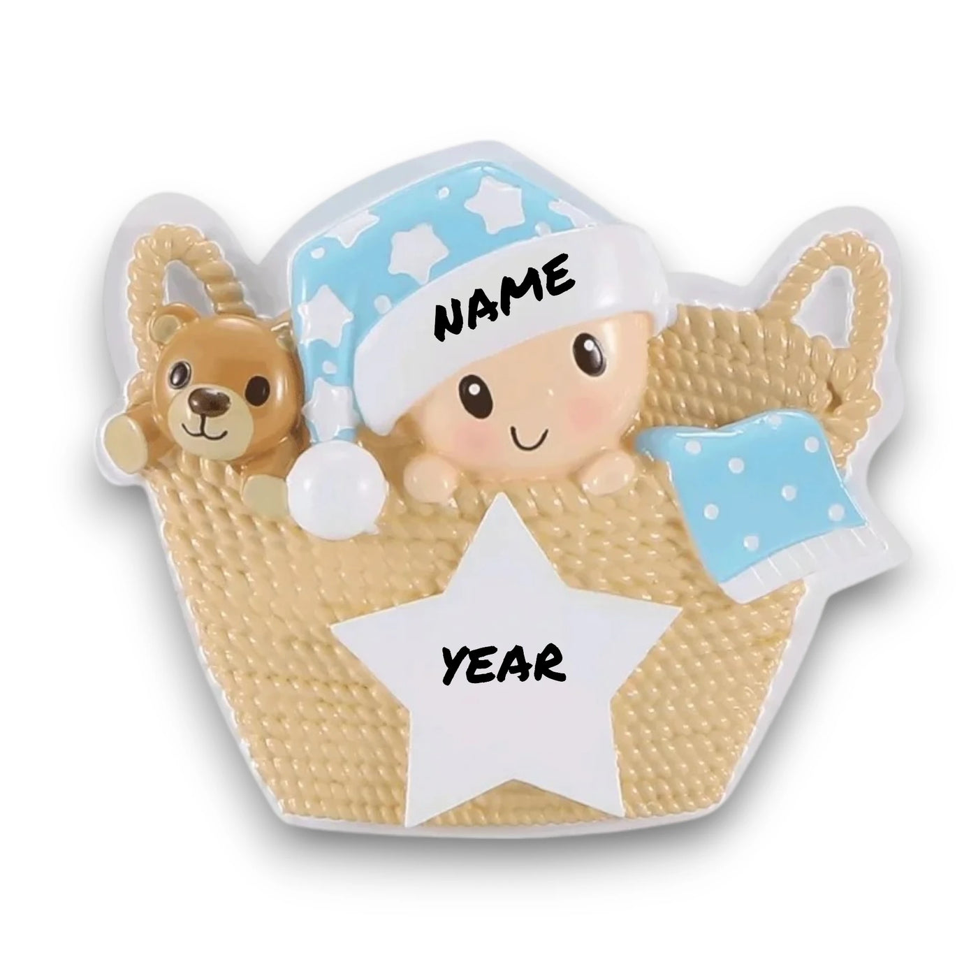 Personalized Baby in Basket Blue Christmas Ornament with customizable name and year, featuring a baby in a cozy basket with a teddy bear and blue accents.