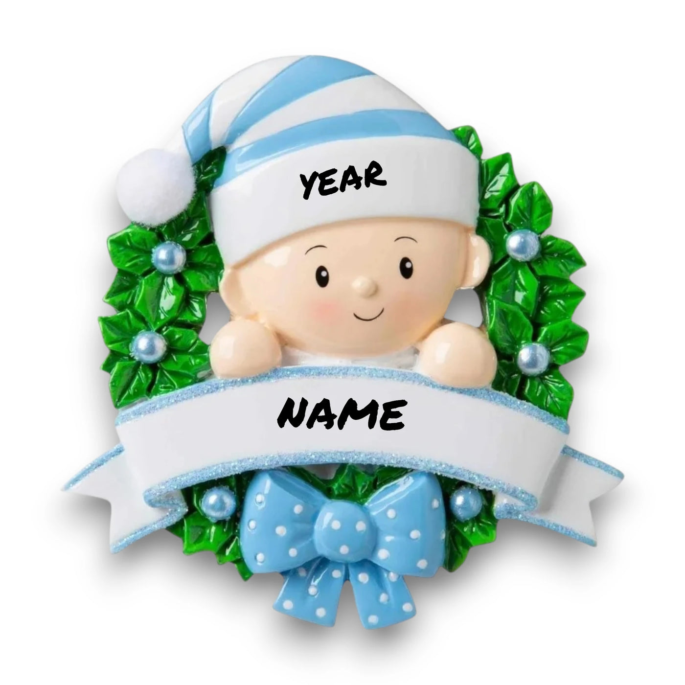 Personalized Baby in Wreath Light Blue Christmas Ornament with customizable name and year, featuring a baby boy in a blue hat surrounded by holly and a ribbon.