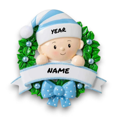 Personalized Baby in Wreath Light Blue Christmas Ornament with customizable name and year, featuring a baby boy in a blue hat surrounded by holly and a ribbon.