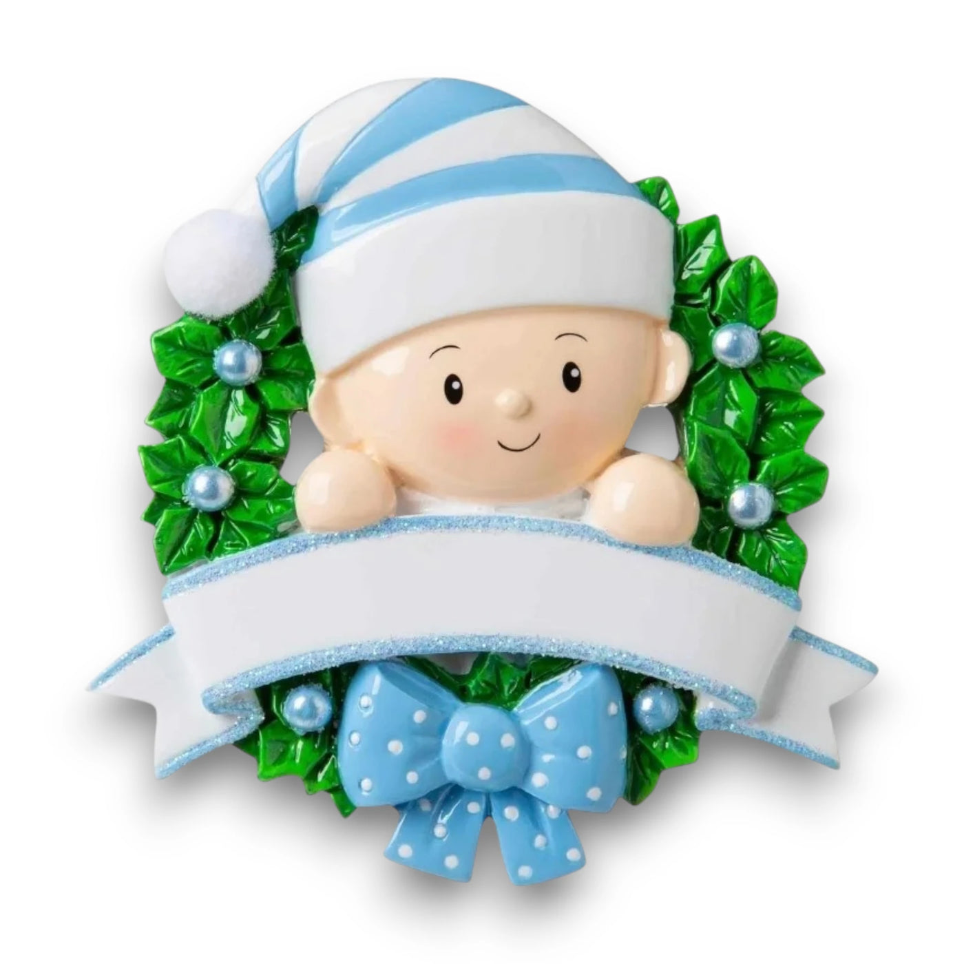 Personalized Baby in Wreath Light Blue Christmas Ornament with customizable name and year, featuring a baby boy in a blue hat surrounded by holly and a ribbon.